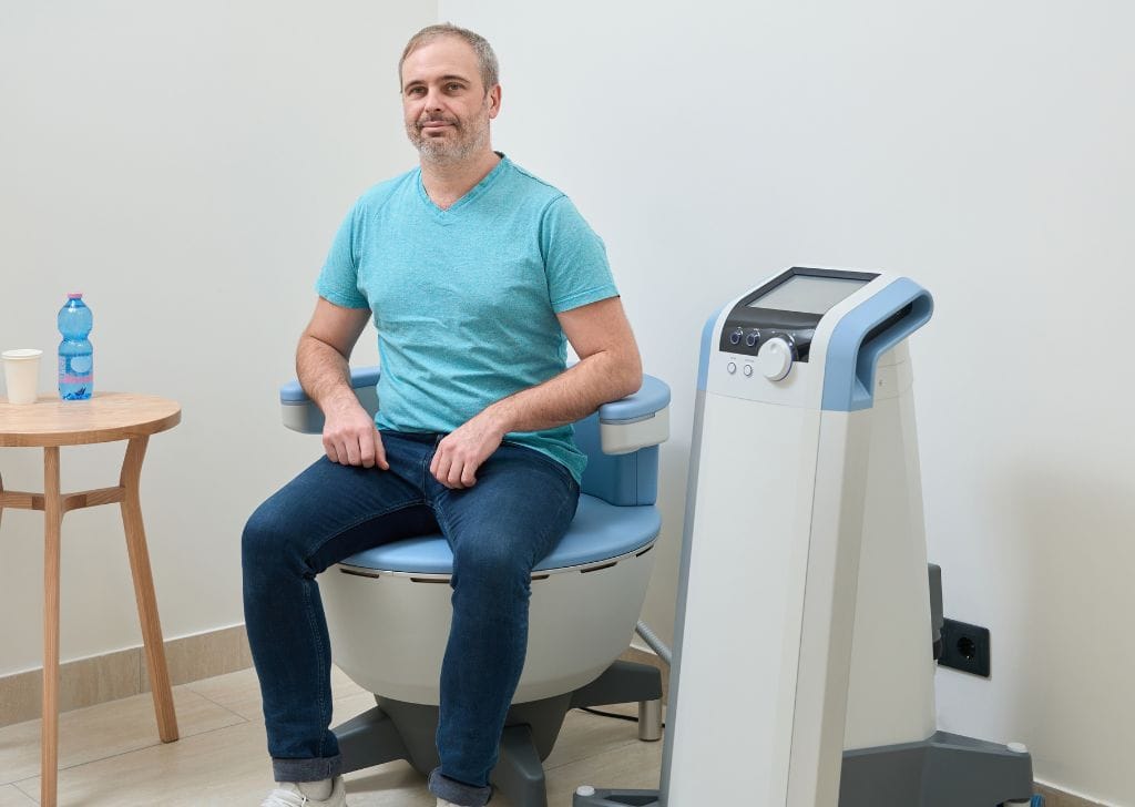 A man sitting on a kegel exercise machine at a Men's Health Clinic.