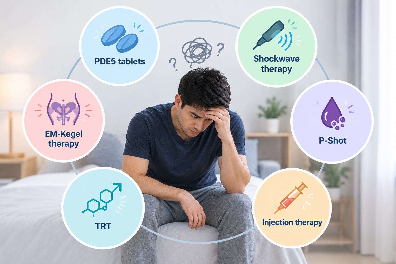 Erectile Dysfunction Treatment in Malaysia: What Are Your Options? 3 A worried man sits on a bed, considering solutions for erectile dysfunction